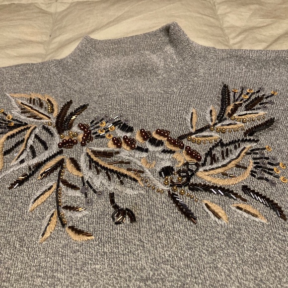 Hand-Beaded Gray/Tan Beautiful, Mock-neck, Long-sleeves, Soft Sweater - Picture 2 of 9